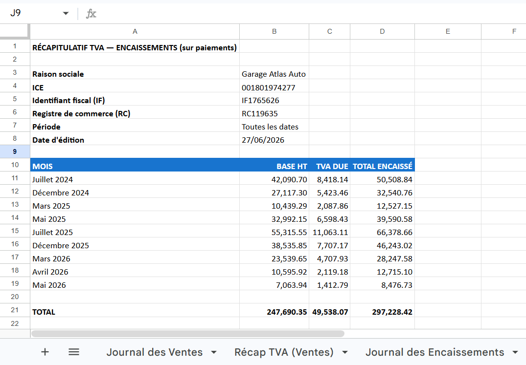 Export Excel — factures et journal de caisse, prêt pour le comptable