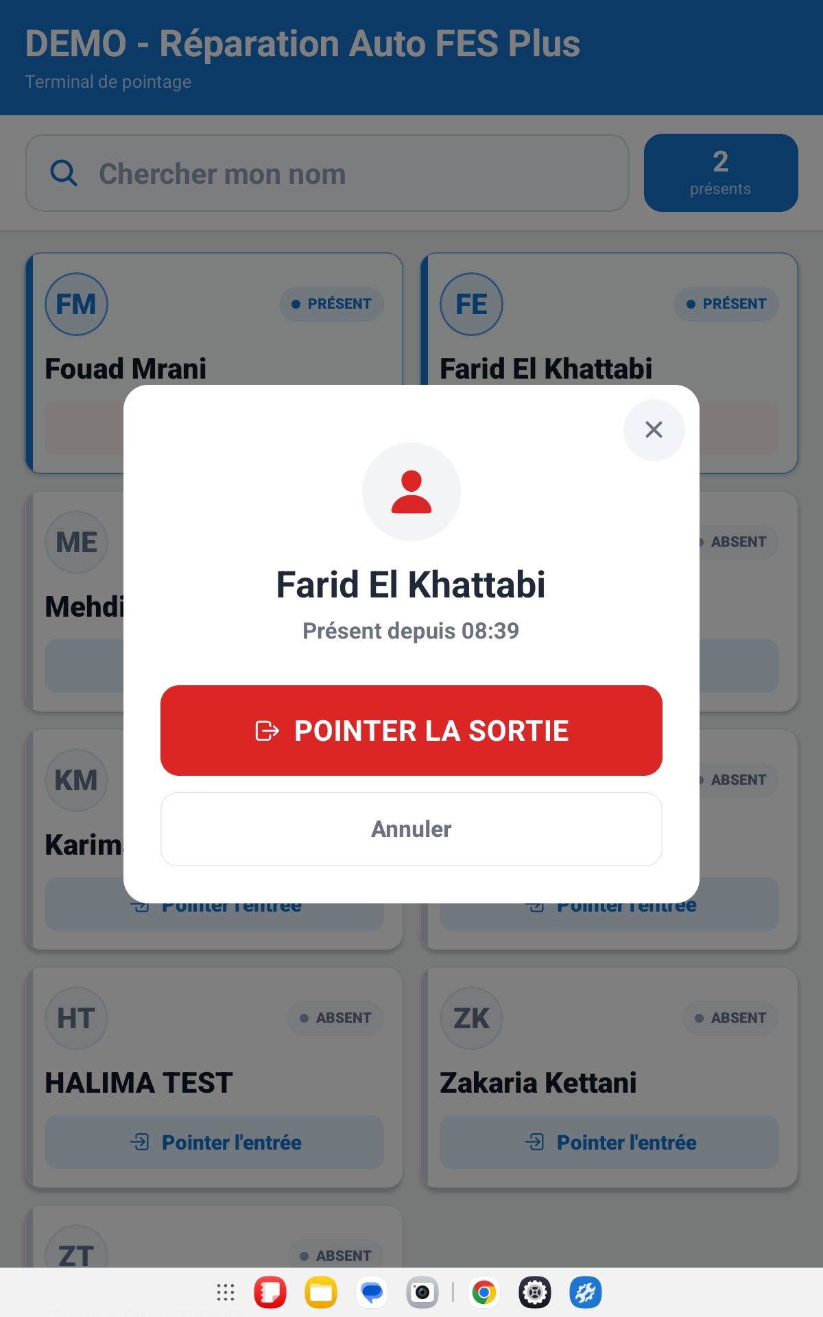 App mobile — pointage des ouvriers (entrée / sortie)